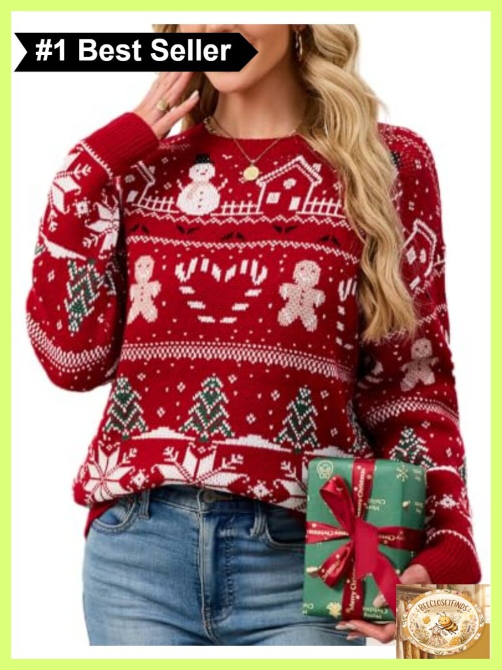 Women's Christmas Reindeer Snowflake Jacquard Pullover Sweater Crew Neck Long